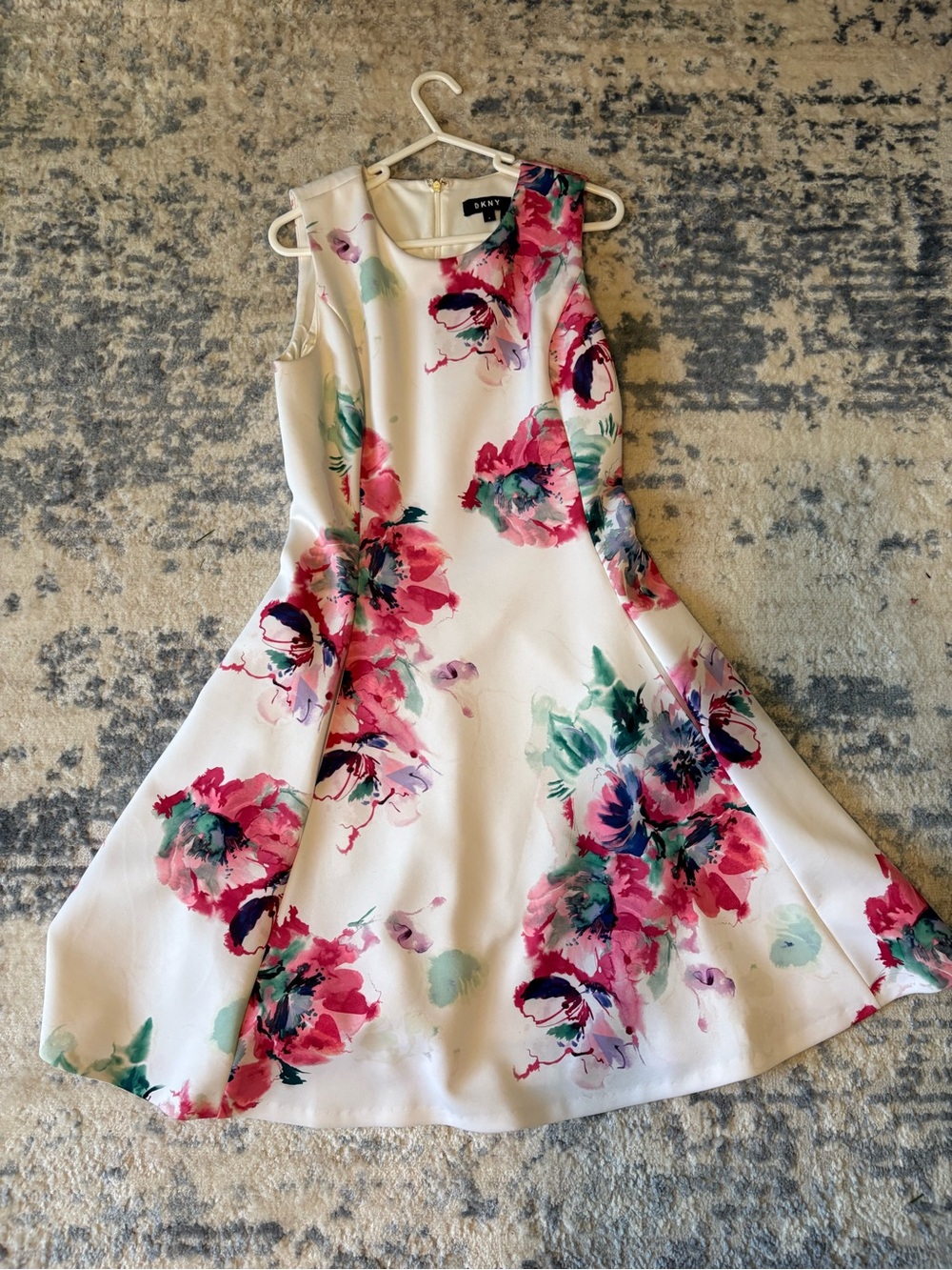 DKNY White Dress with Pink and Green Floral Print. Scuba knit material